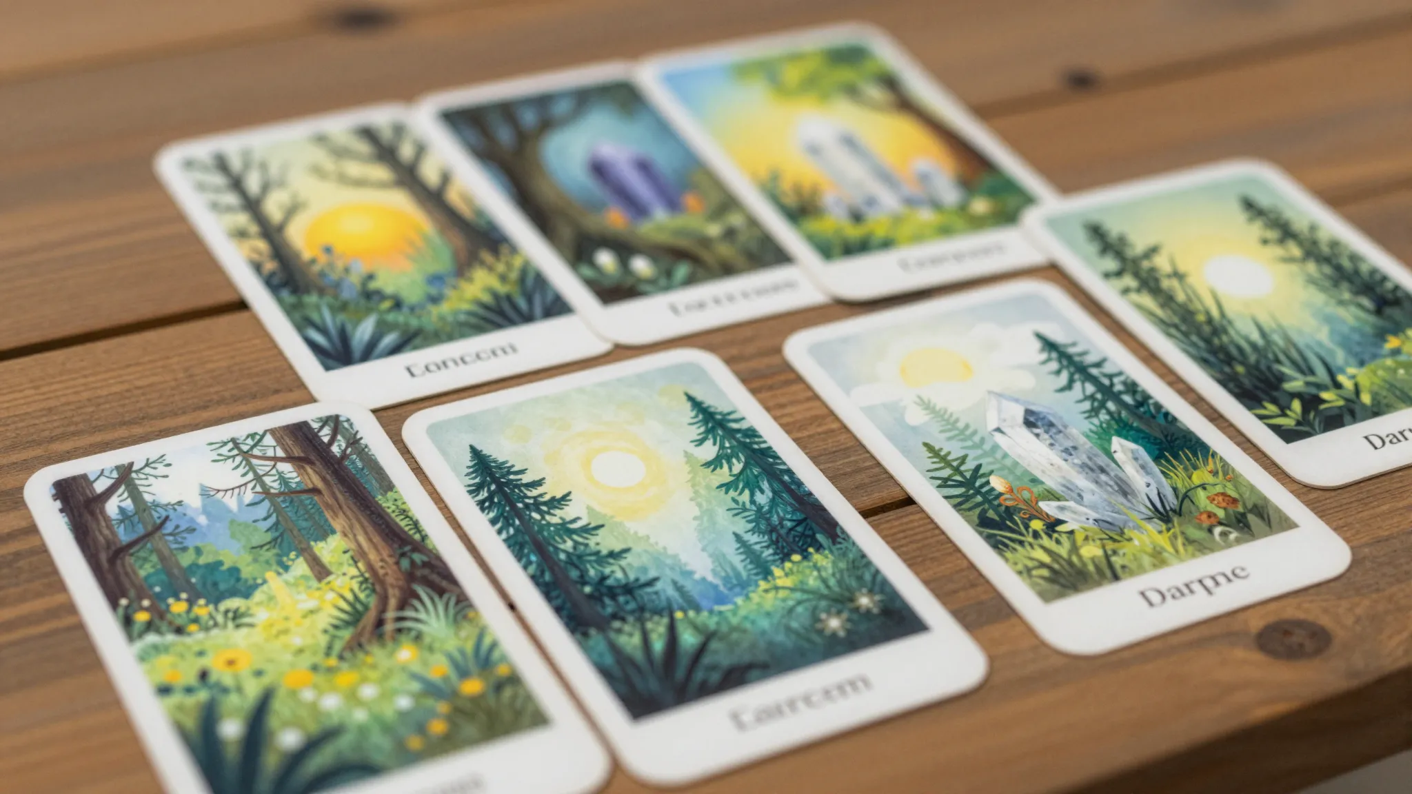 A set of oracle cards spread on a wooden table, Earth Wisdom...