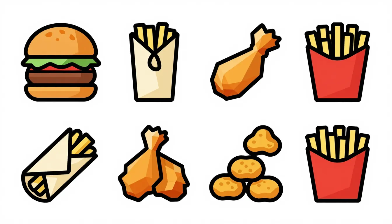 Vector graphic set of fast food items: burger, wrap, chicken...
