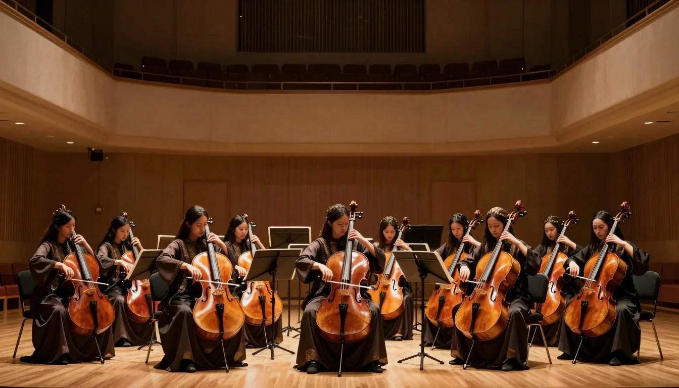 A grand concert hall with an oriental orchestra, a mix of ce...