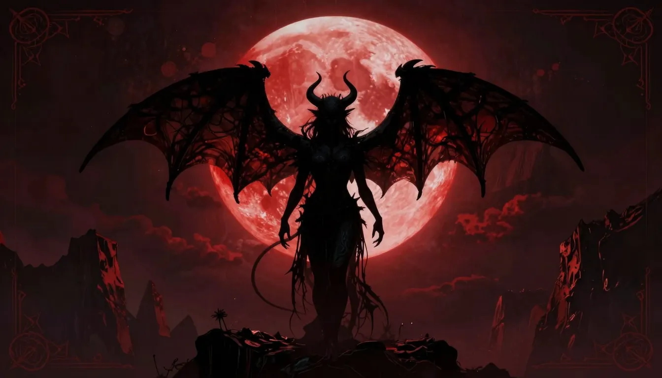 Gothic rock album cover, a silhouette of a winged demon stan...