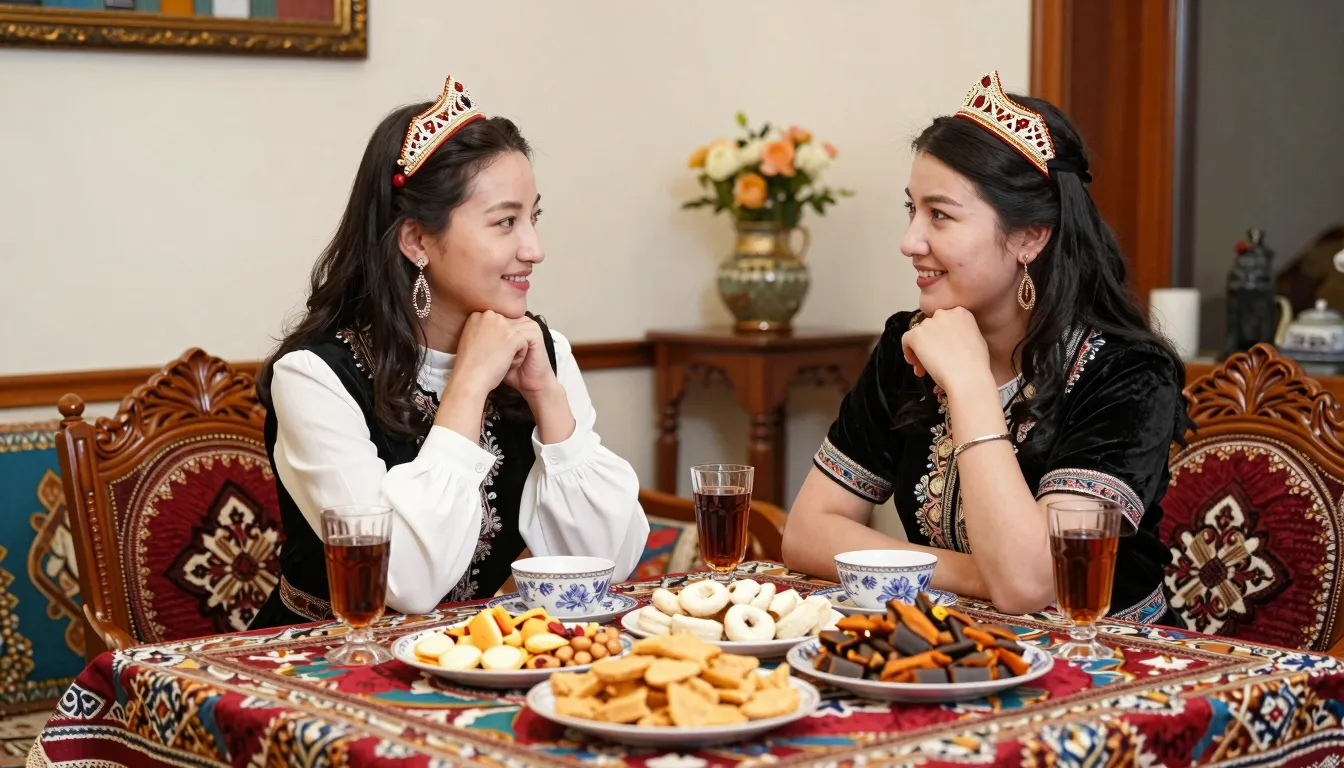 Two happy Central Asian women sitting at a richly decorated ...