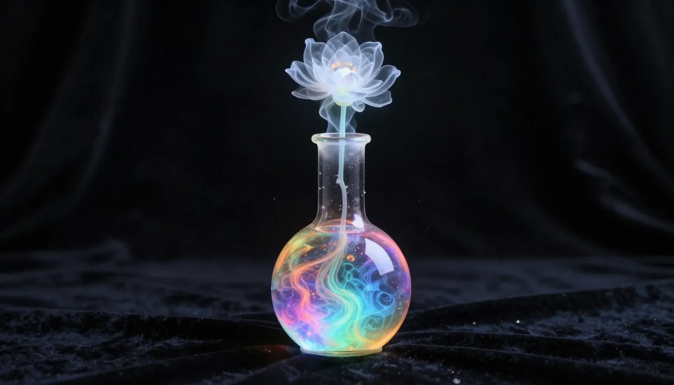 A magical transparent flask with bubbling rainbow energy ins...
