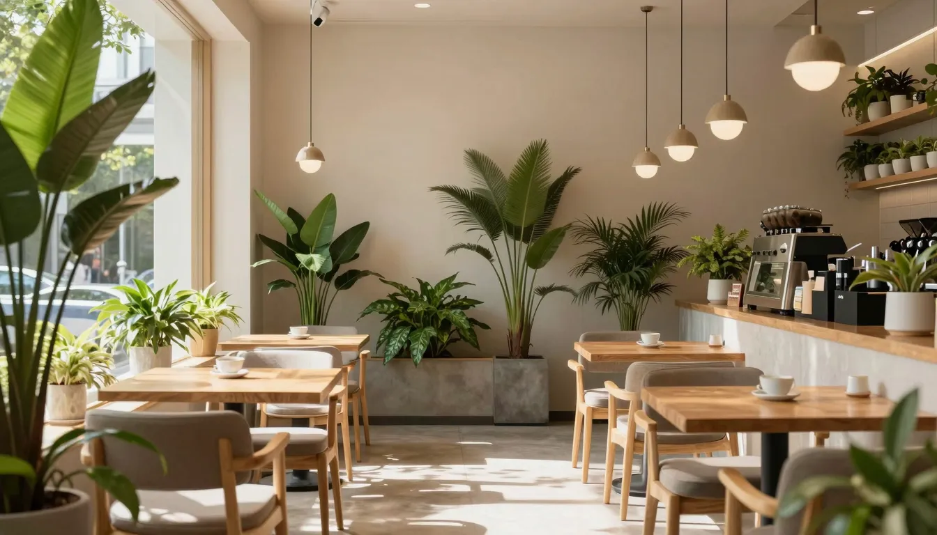 Modern organic tea cafe interior design, minimalist wooden f...