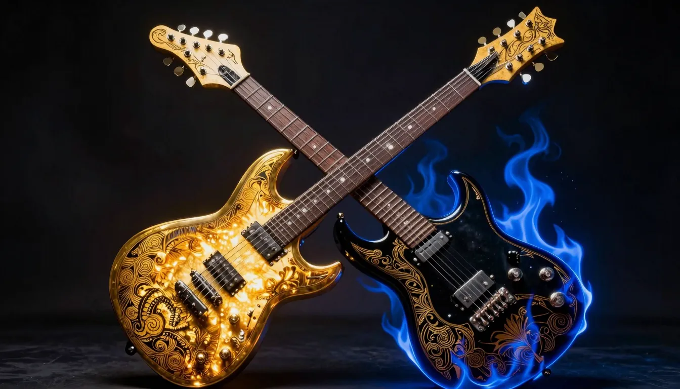A vintage 90s heavy metal aesthetic, two electric guitars cr...