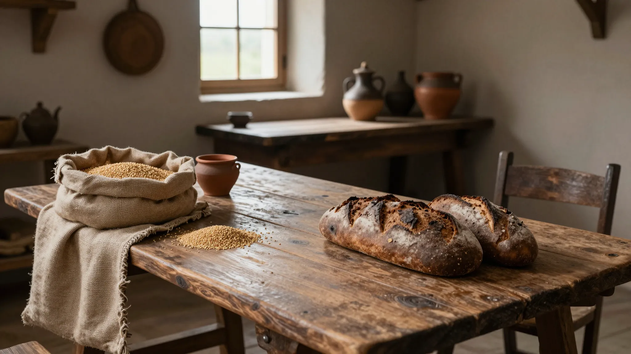 A medieval kitchen scene with a large wooden table, sacks of...
