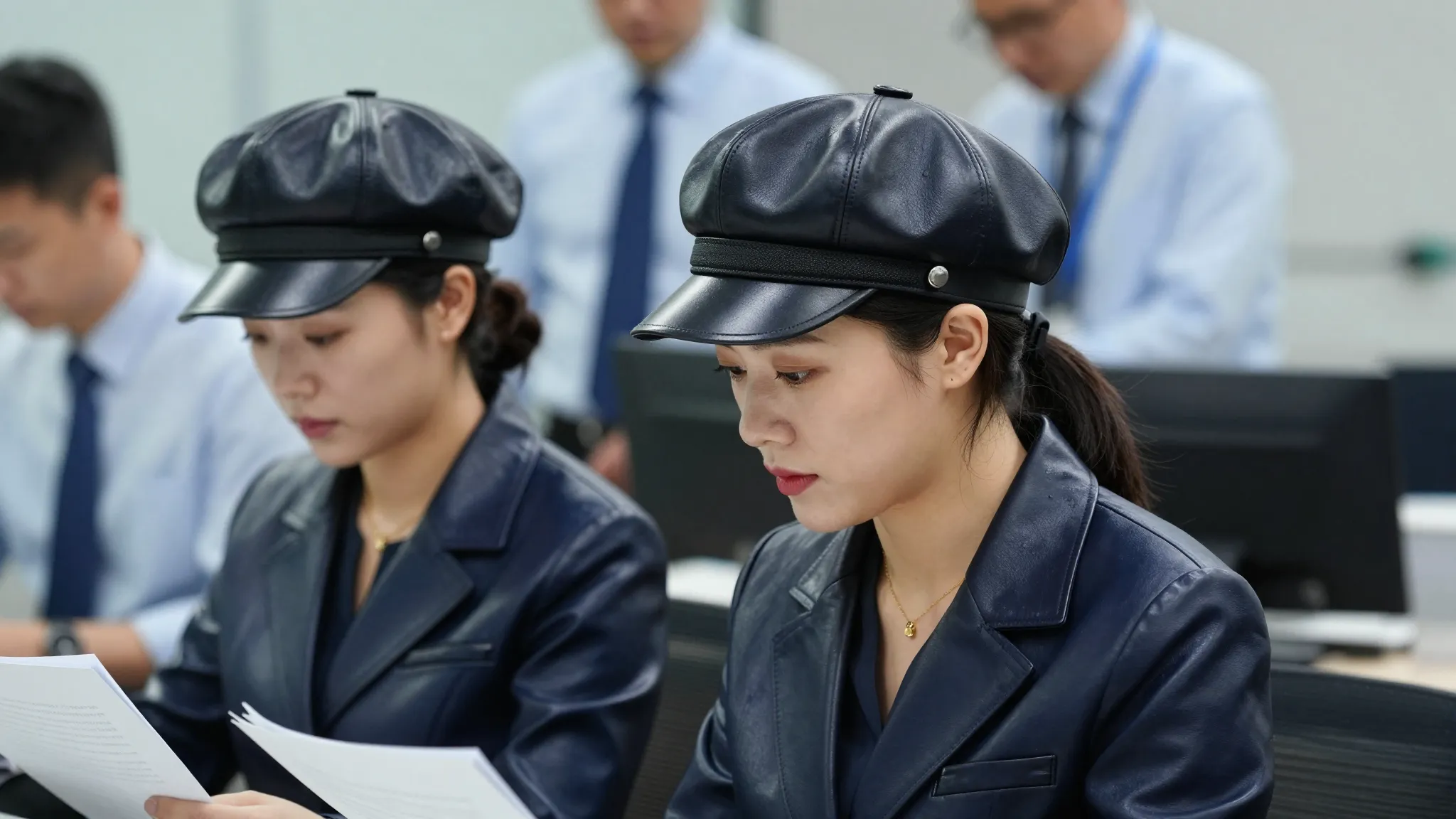 Two professional Chinese women in an office, side view, wear...