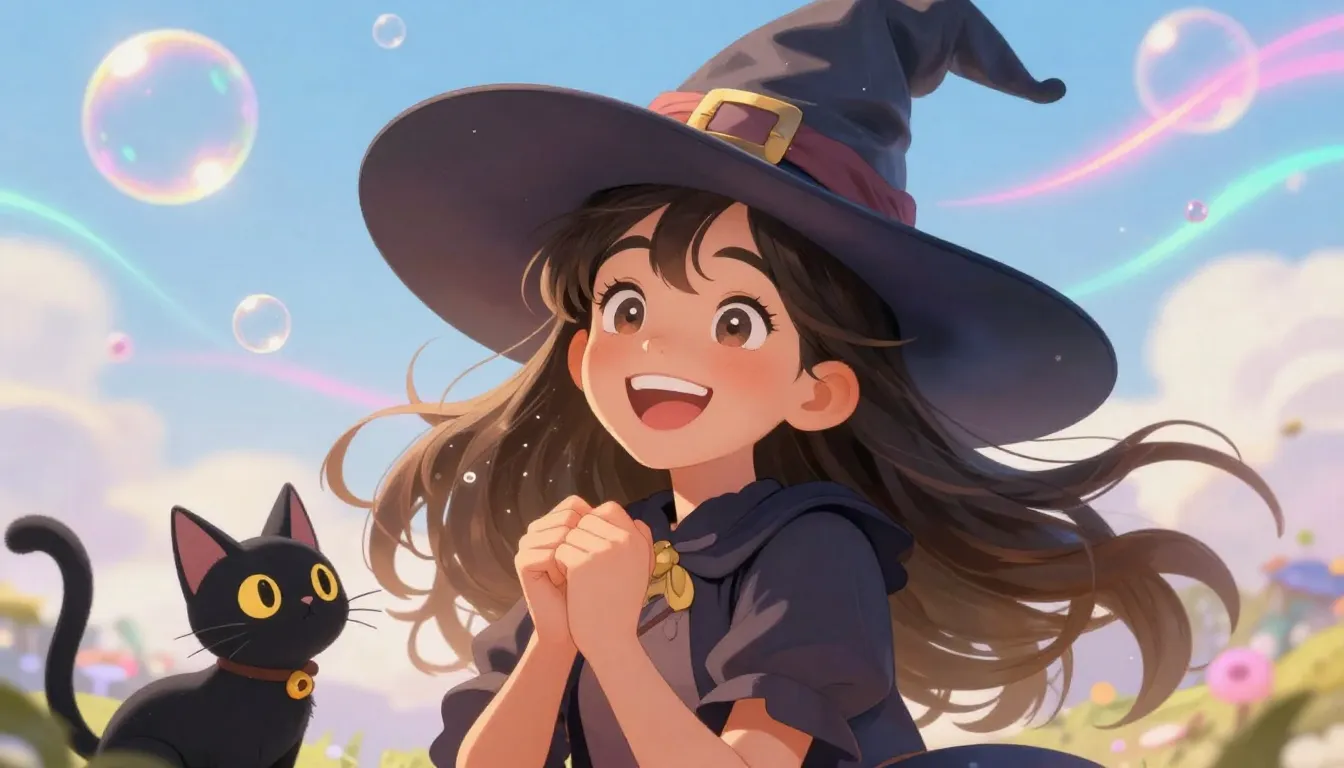 A vibrant and joyful young witch with a wide, infectious smi...