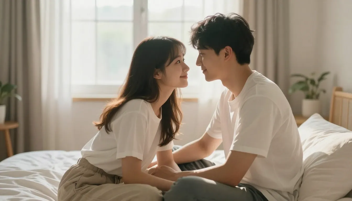 A romantic couple in a sunlit room, morning light, soft colo...