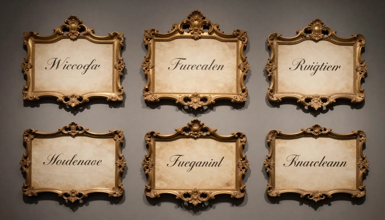 Set of historical exhibition labels, aged paper texture, orn...