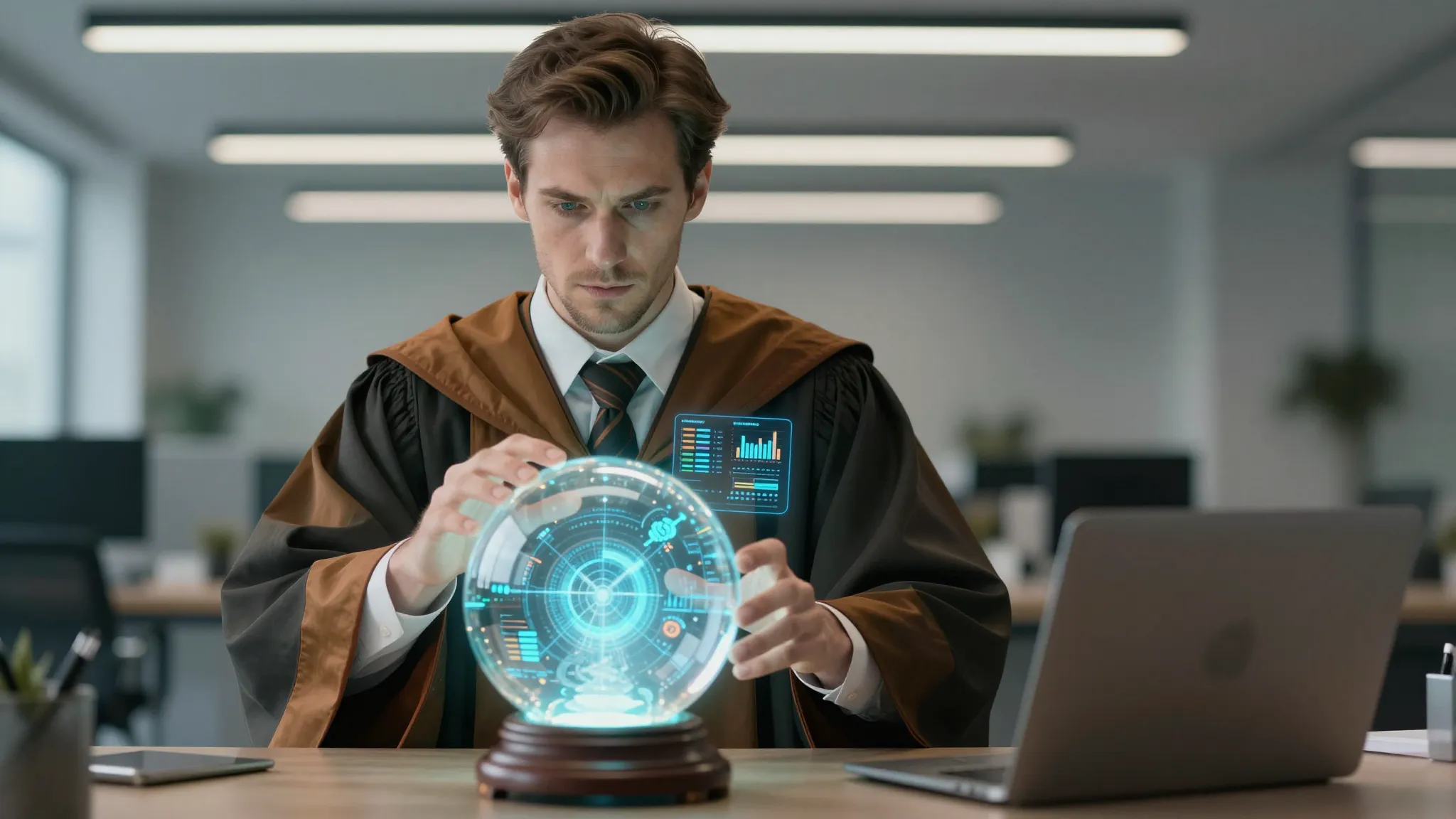 A sophisticated wizard in a modern office setting, wearing a...