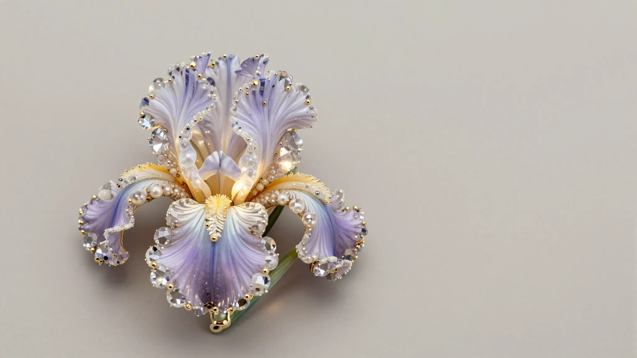 A beautiful iris brooch made of beads and crystals, glowing ...