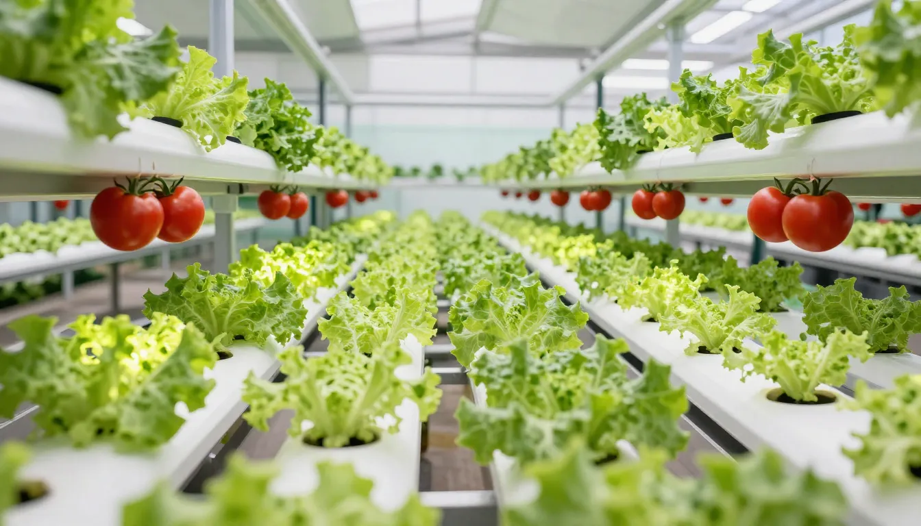 A high-tech indoor hydroponic farm with rows of glowing gree...