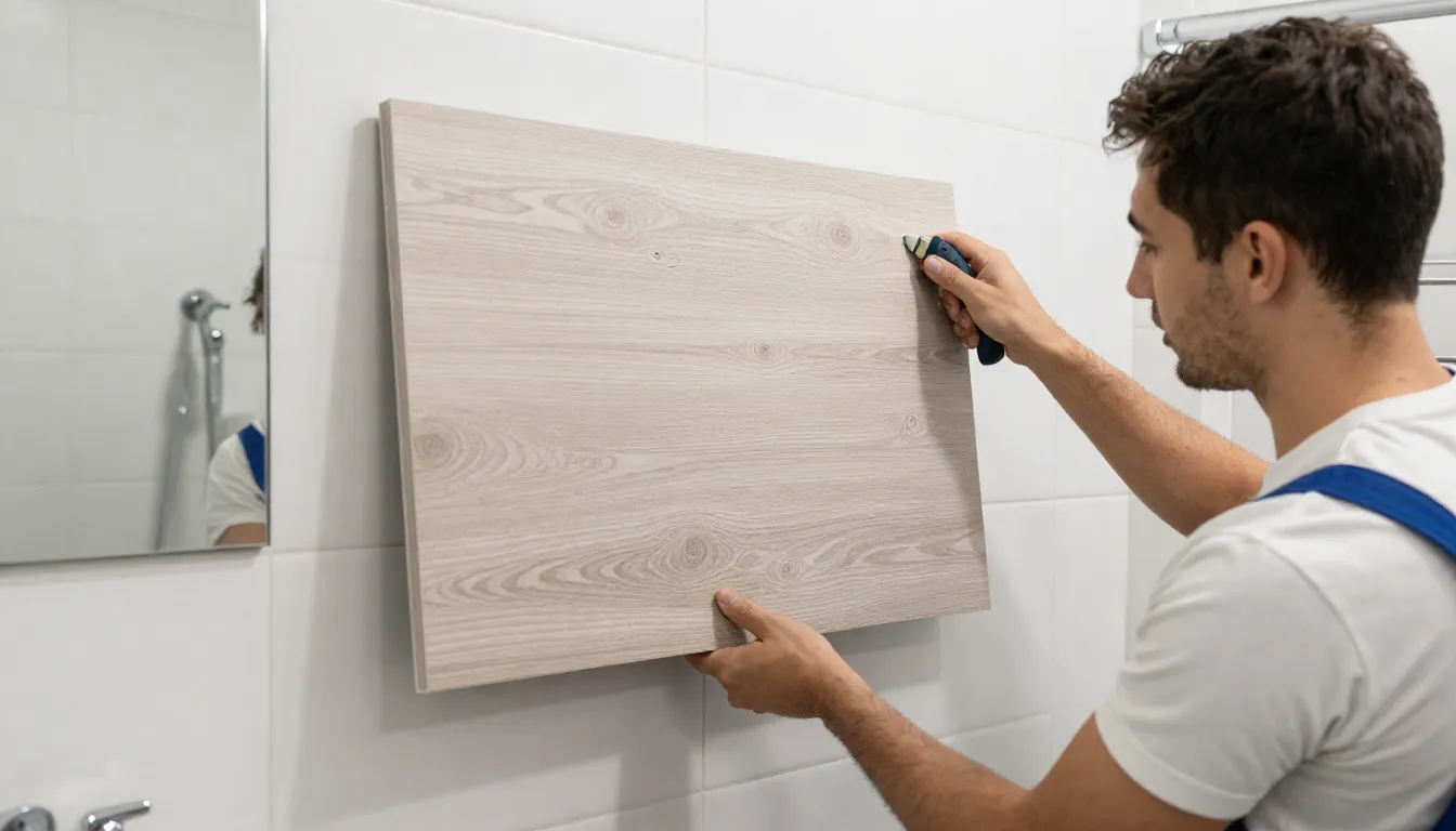 Professional worker installing a decorative wall panel in a ...