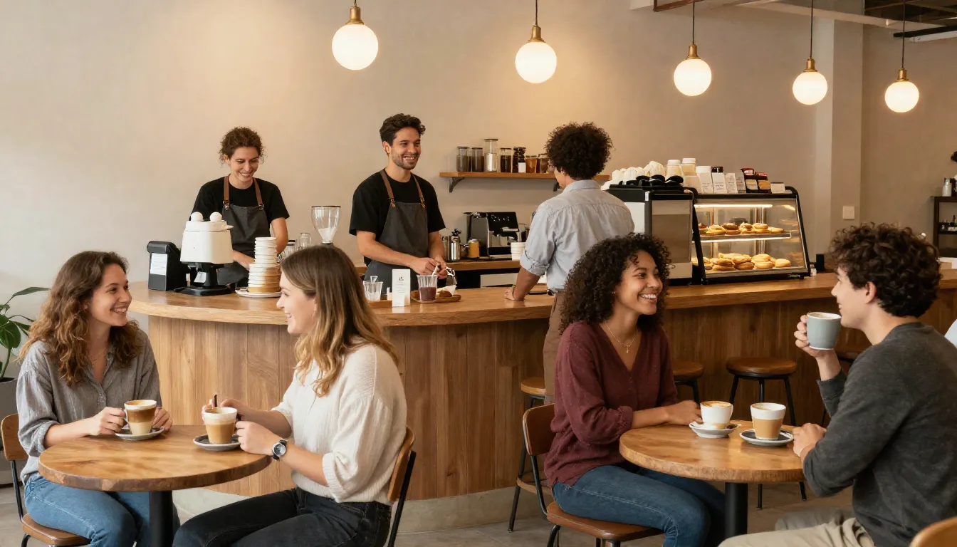 A warm and inviting coffee shop interior, with happy custome...