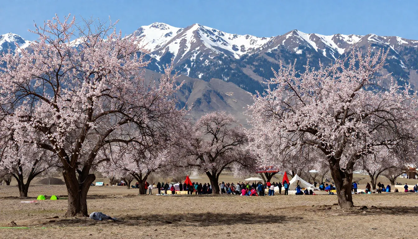 Beautiful spring landscape in Kyrgyzstan with blooming apric...