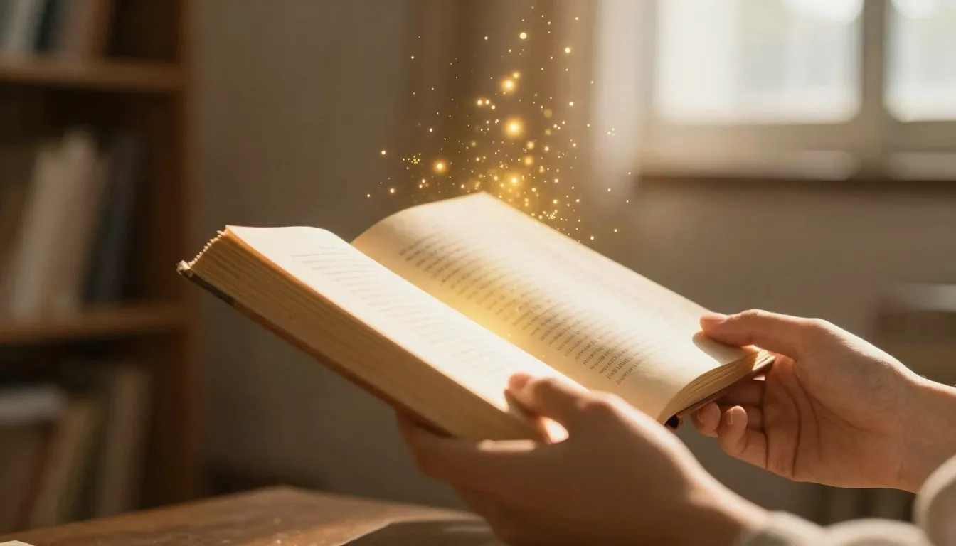 A pair of hands gently opening a thick, yellowed book in a d...