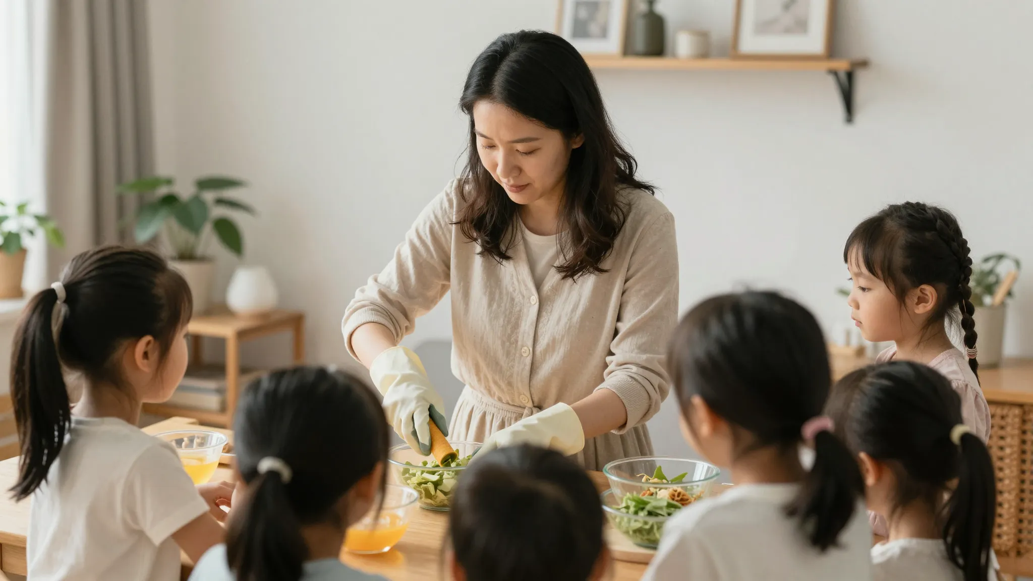 A motherly figure with dark hair busy with daily chores at h...