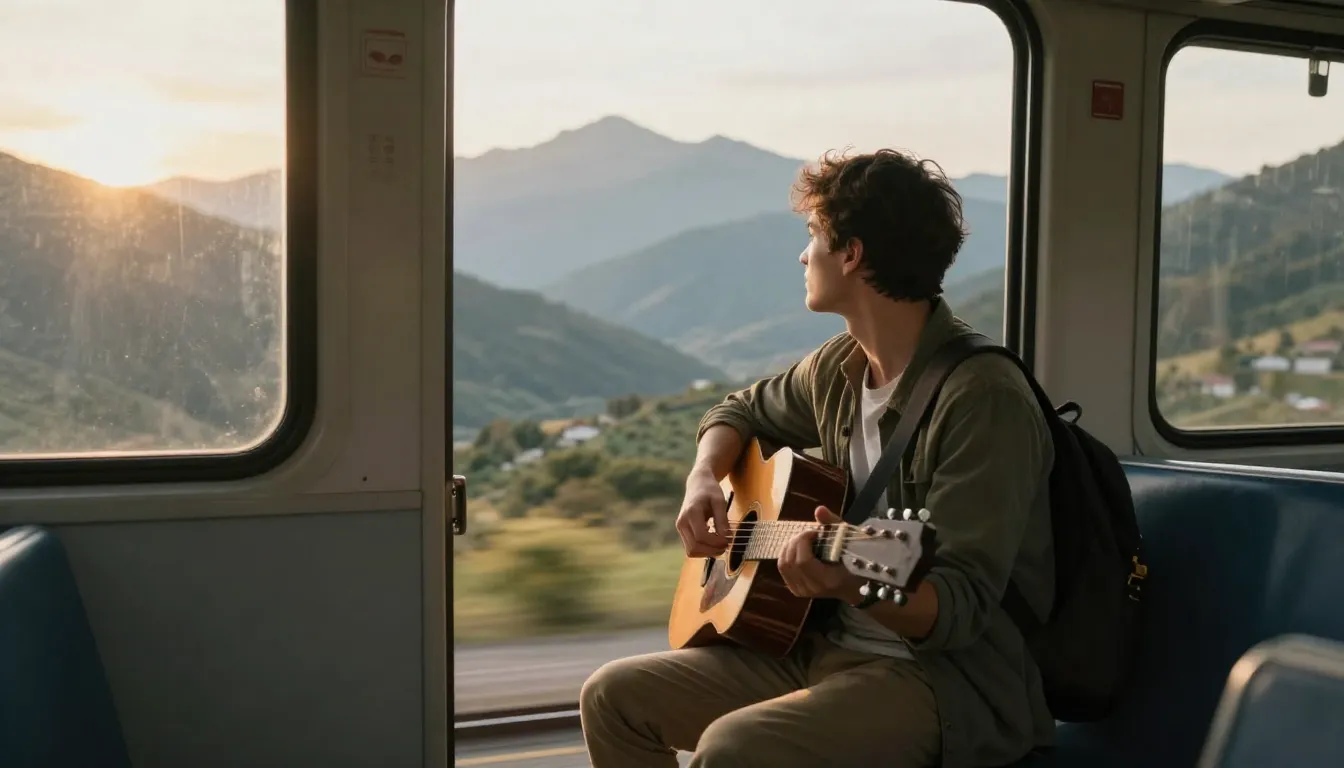 A cinematic shot of a traveler sitting by an open train door...