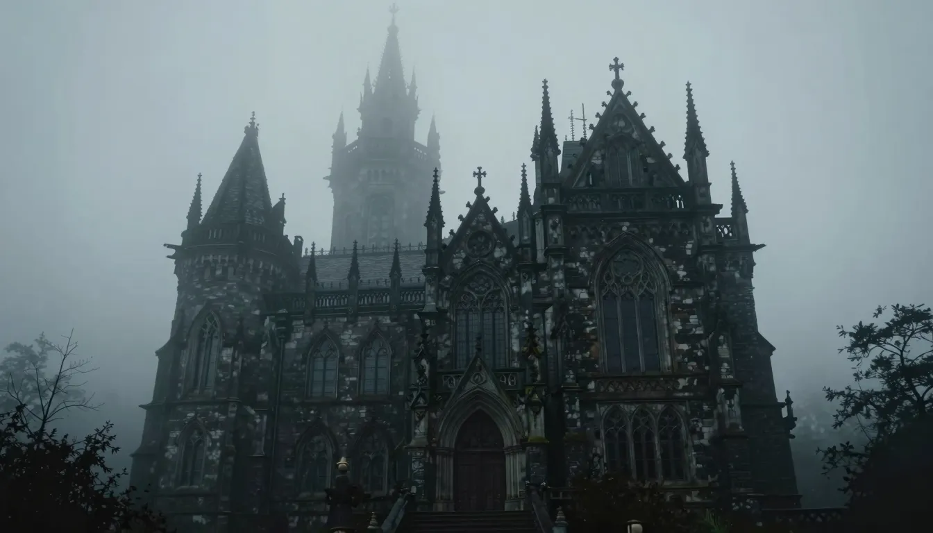 Cinematic shot of a mysterious gothic castle shrouded in thi...