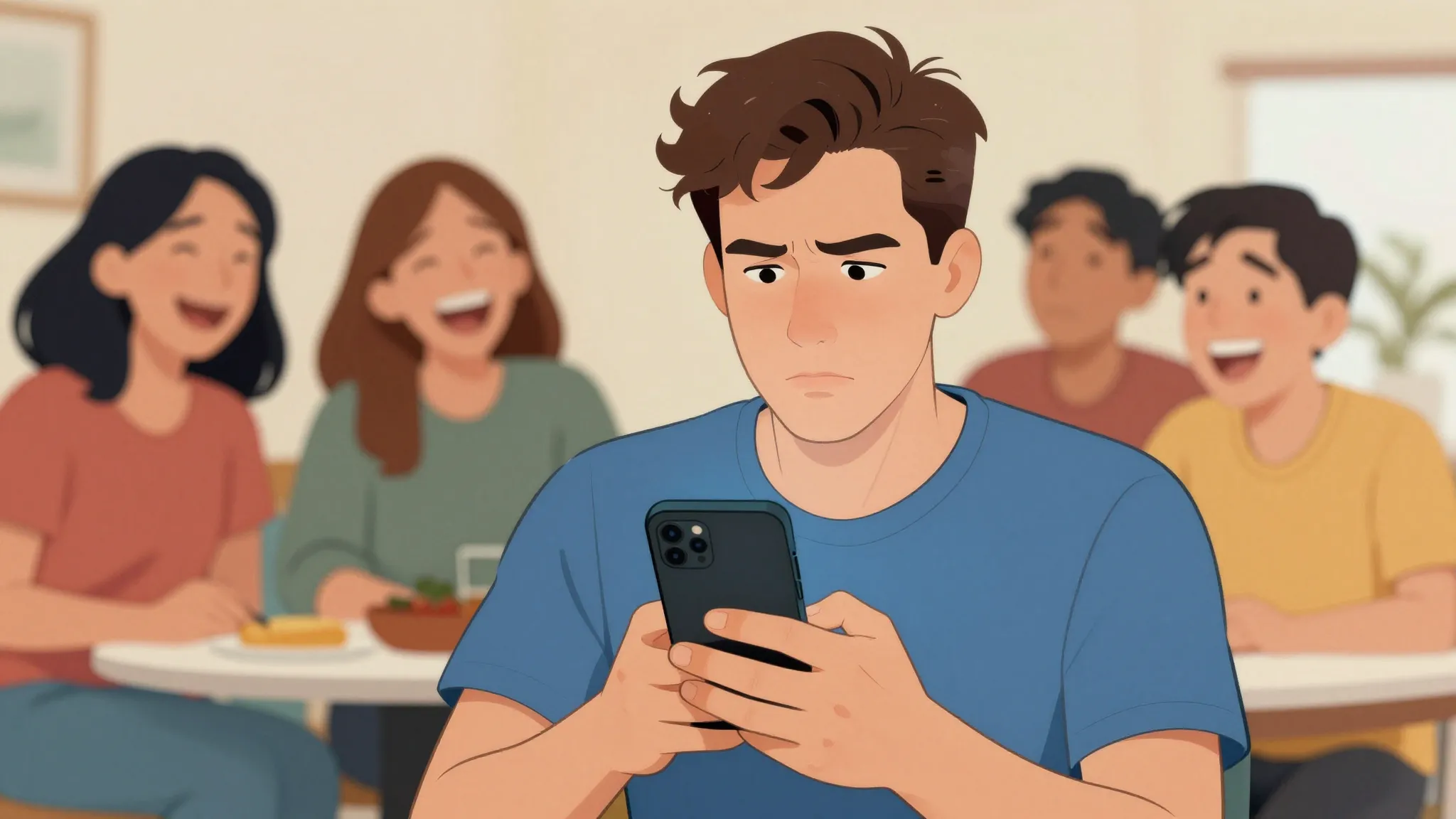 A funny man looking at a smartphone with a serious face, ign...