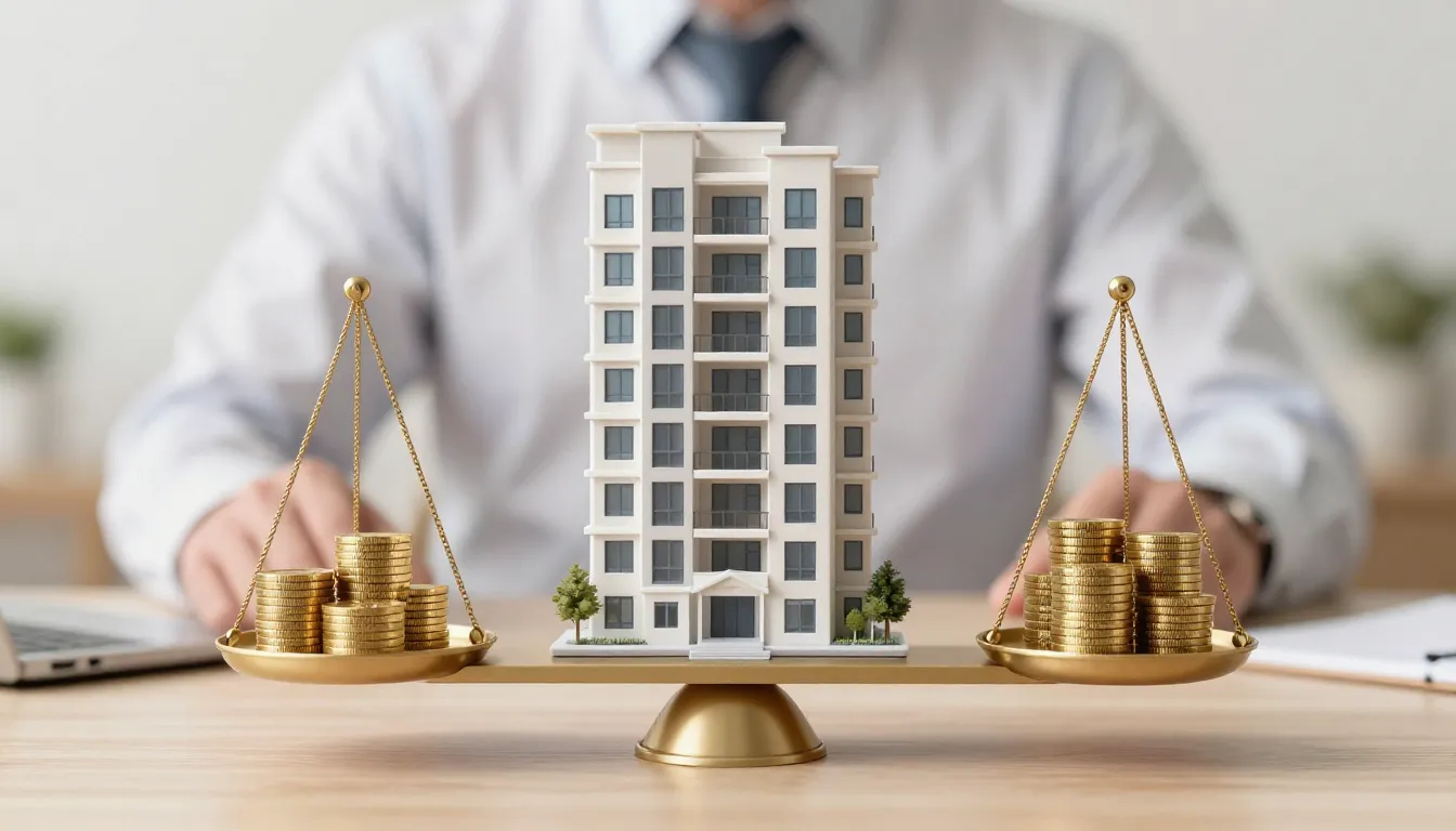 A scale balancing a model of a modern apartment building and...