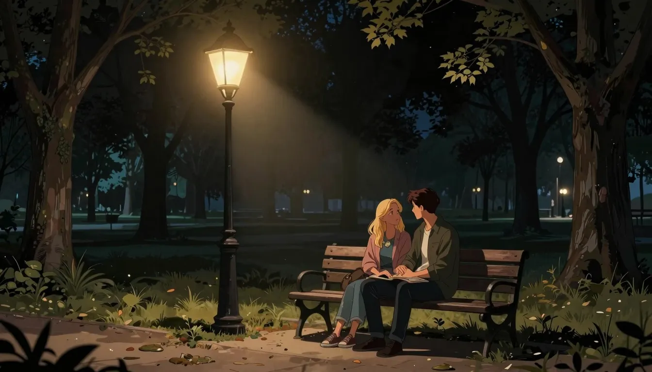 A beautiful illustration of a park at night. A lonely street...