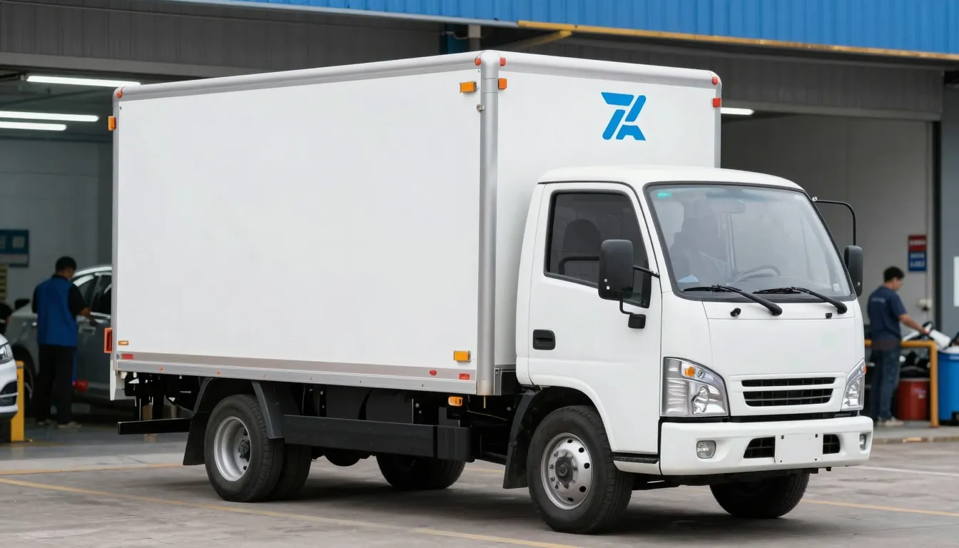 A clean, professional white delivery truck with a subtle blu...