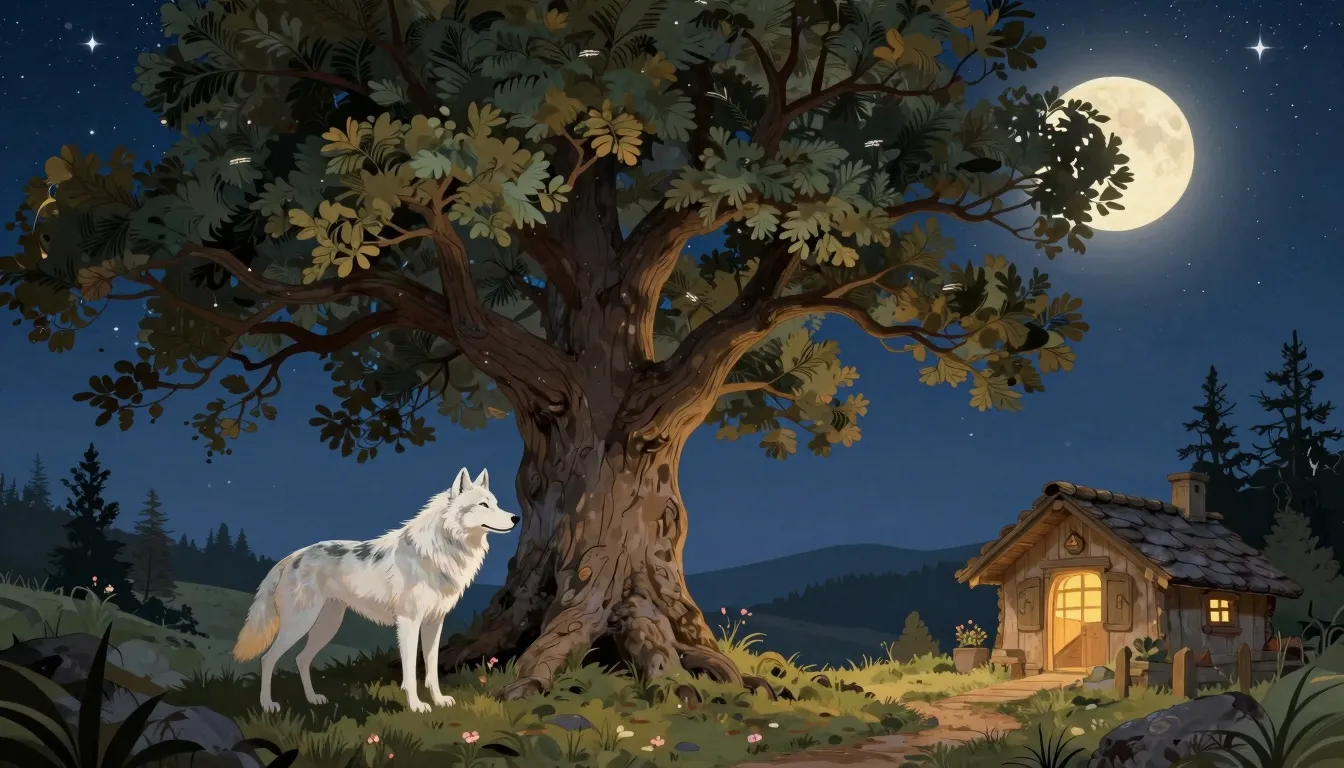 A beautiful romantic illustration of a wise old oak tree, a ...