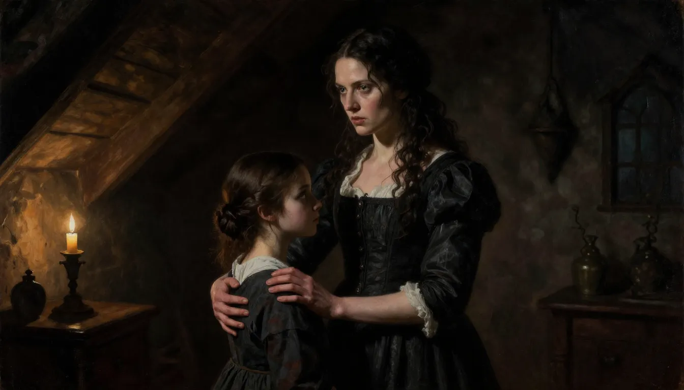 A dark, candlelit attic room in a 16th century castle. A ste...