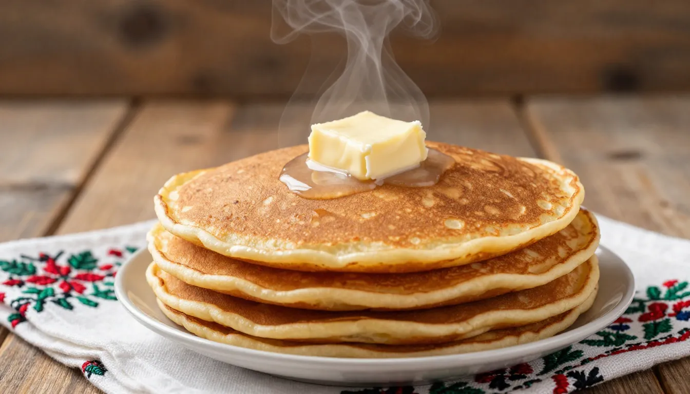 A stack of delicious golden Russian pancakes with a dollop o...