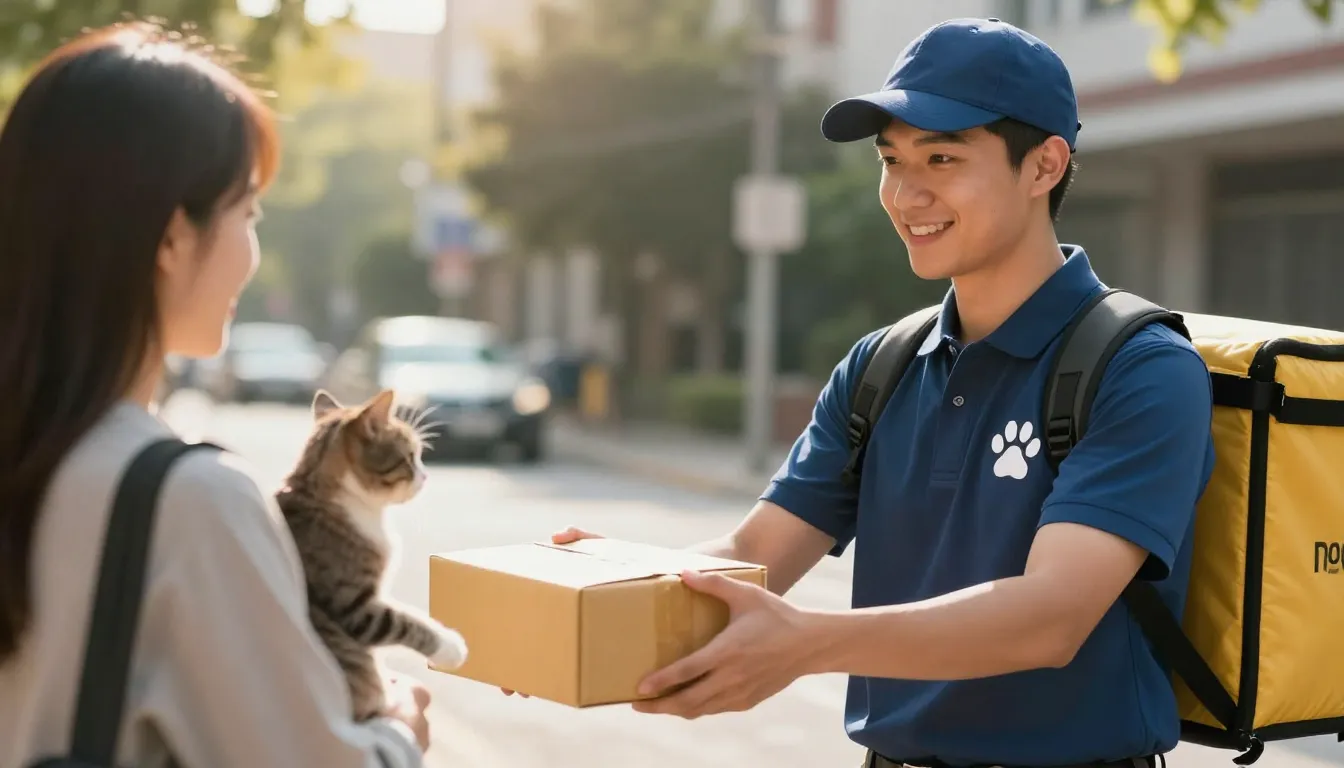 A professional delivery courier wearing a uniform with a paw...