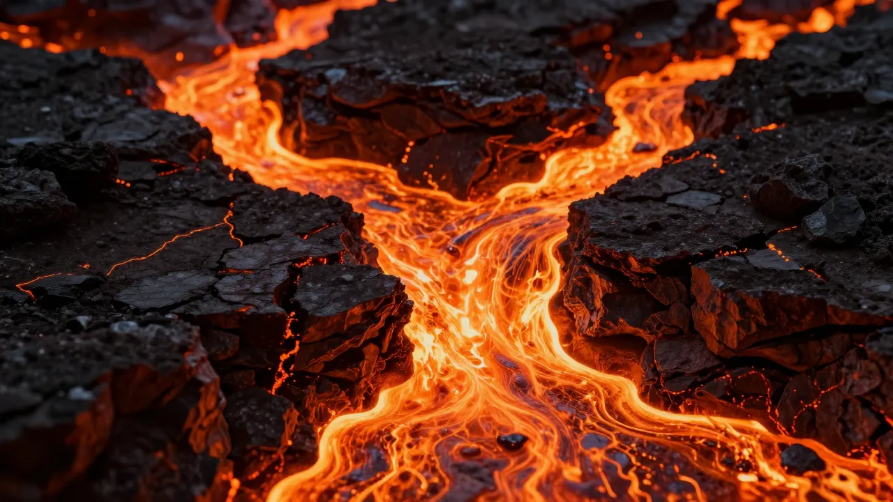 Dramatic visual metaphor of glowing orange magma flowing thr...