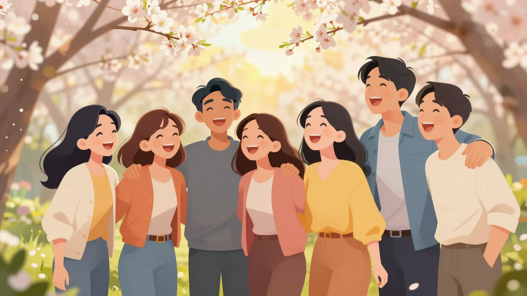 A group of happy friends laughing together in a beautiful sp...