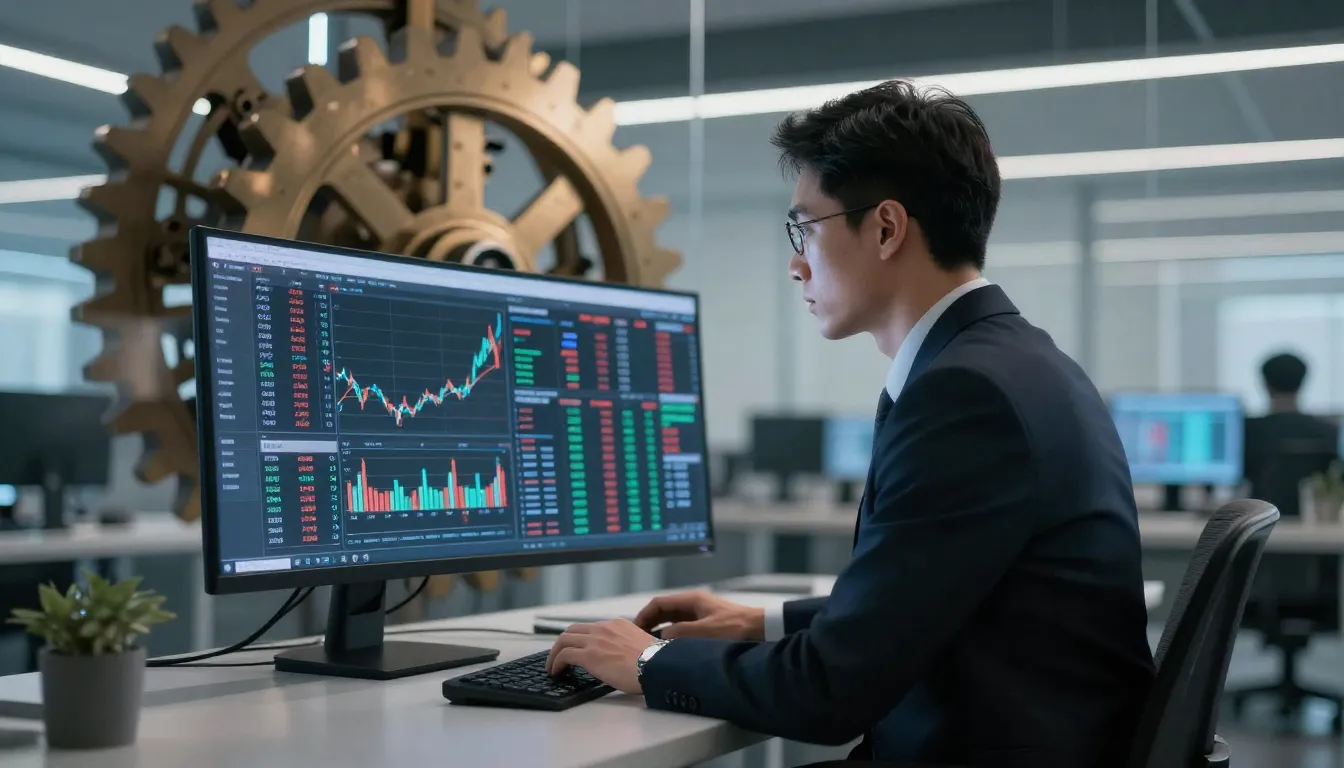 A professional engineer in a suit looking at a digital scree...