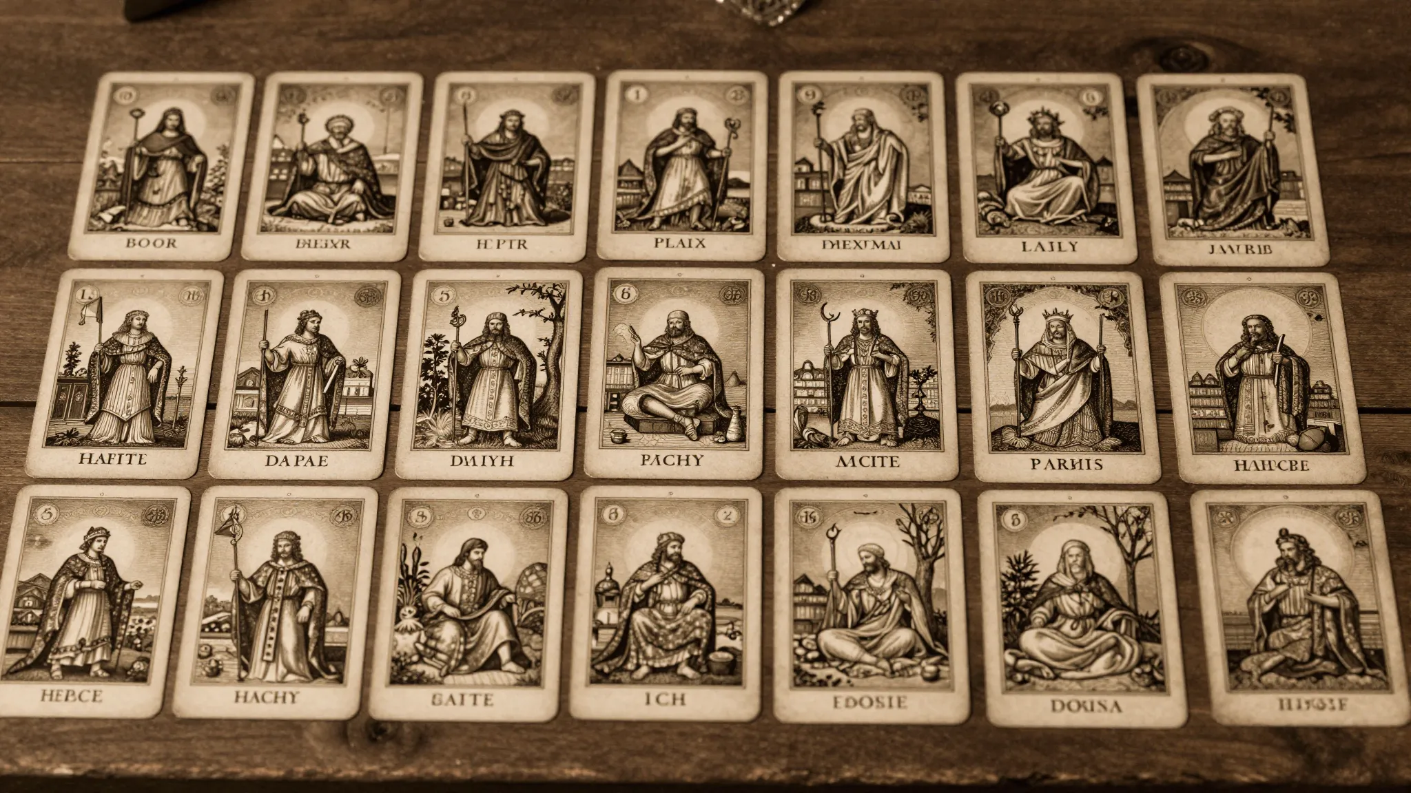 A complete set of 36 vintage oracle cards laid out on a wood...