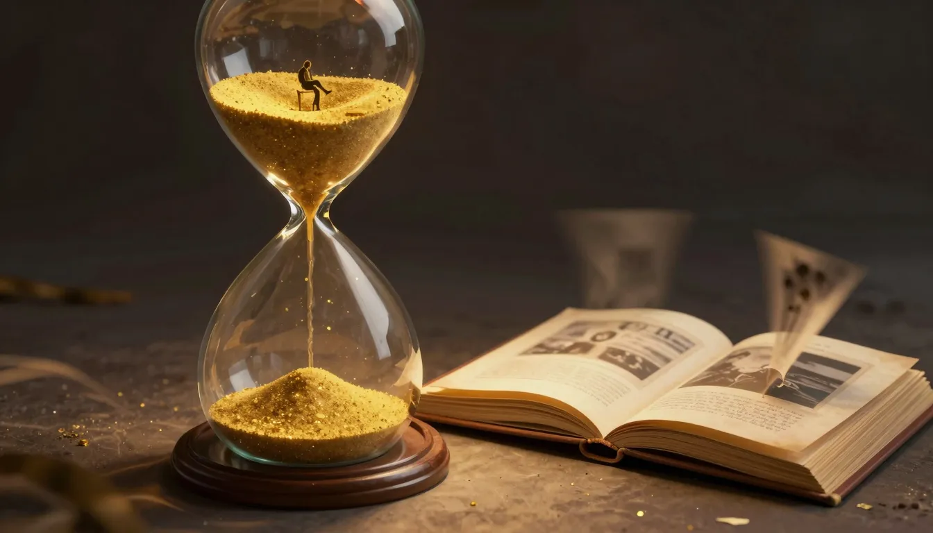 A surreal artistic illustration of a giant hourglass filled ...