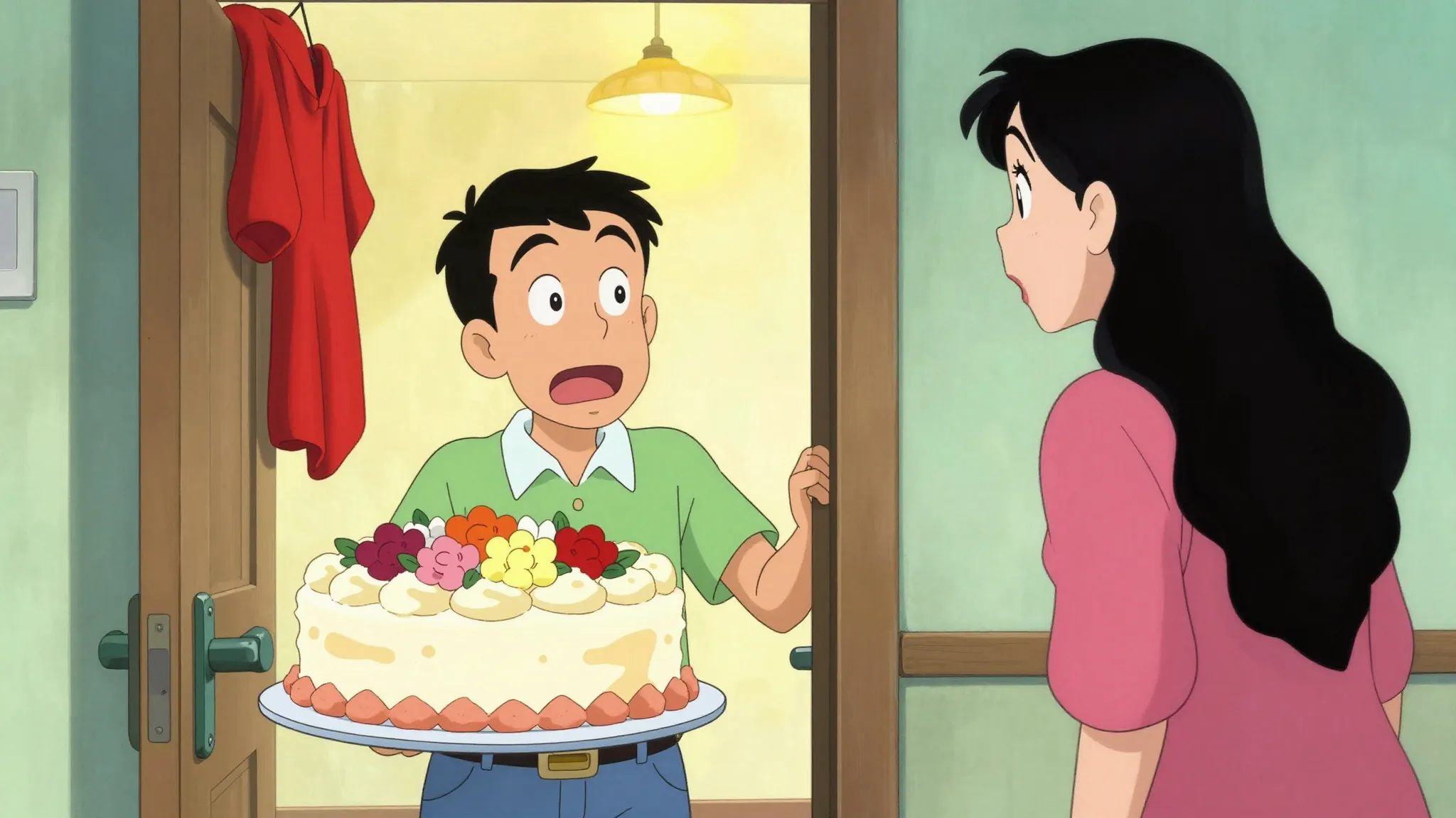 A humorous scene of a short, cheerful man with a big cake an...
