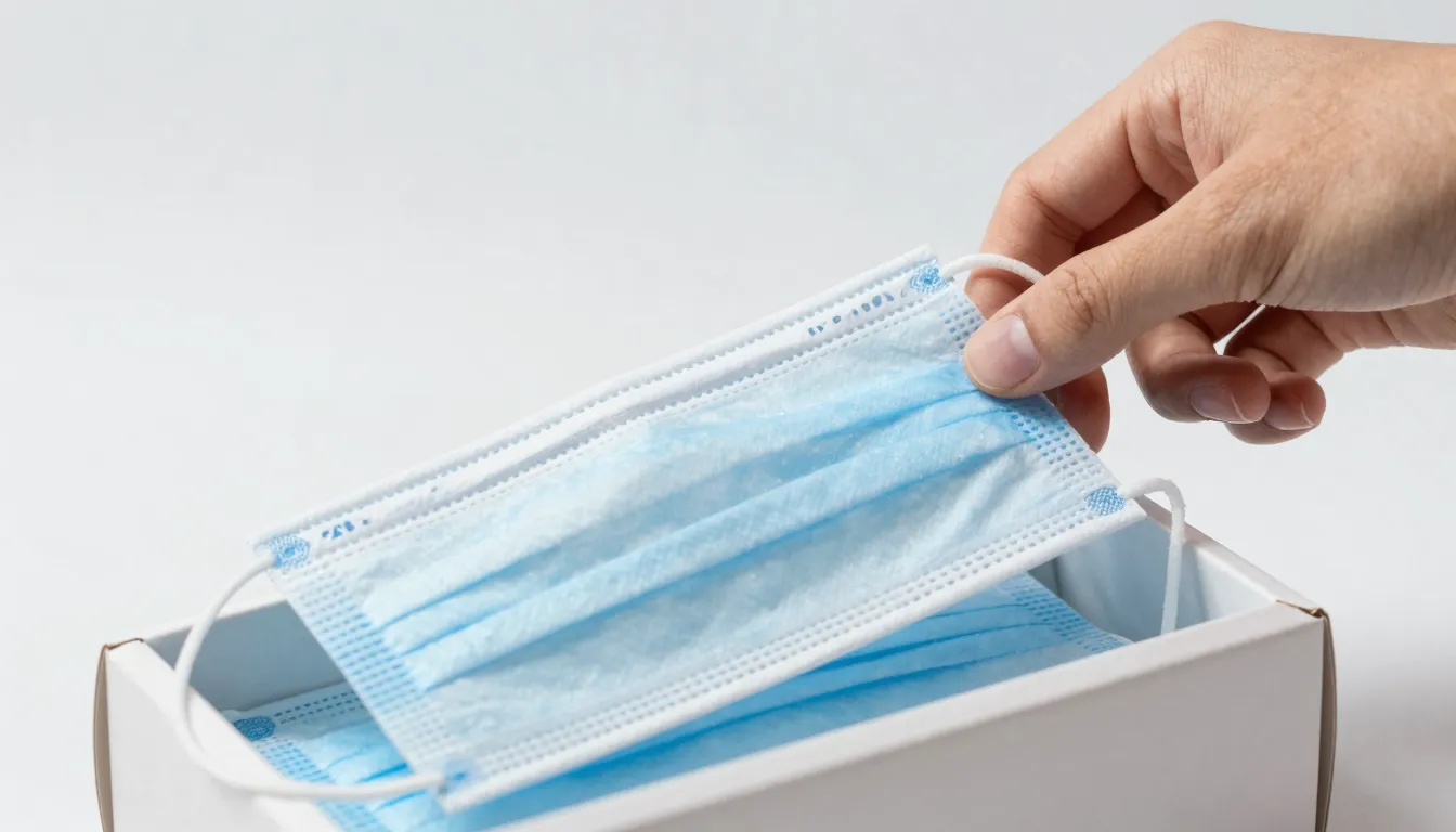 Close-up of a hand reaching for a blue medical mask from a b...