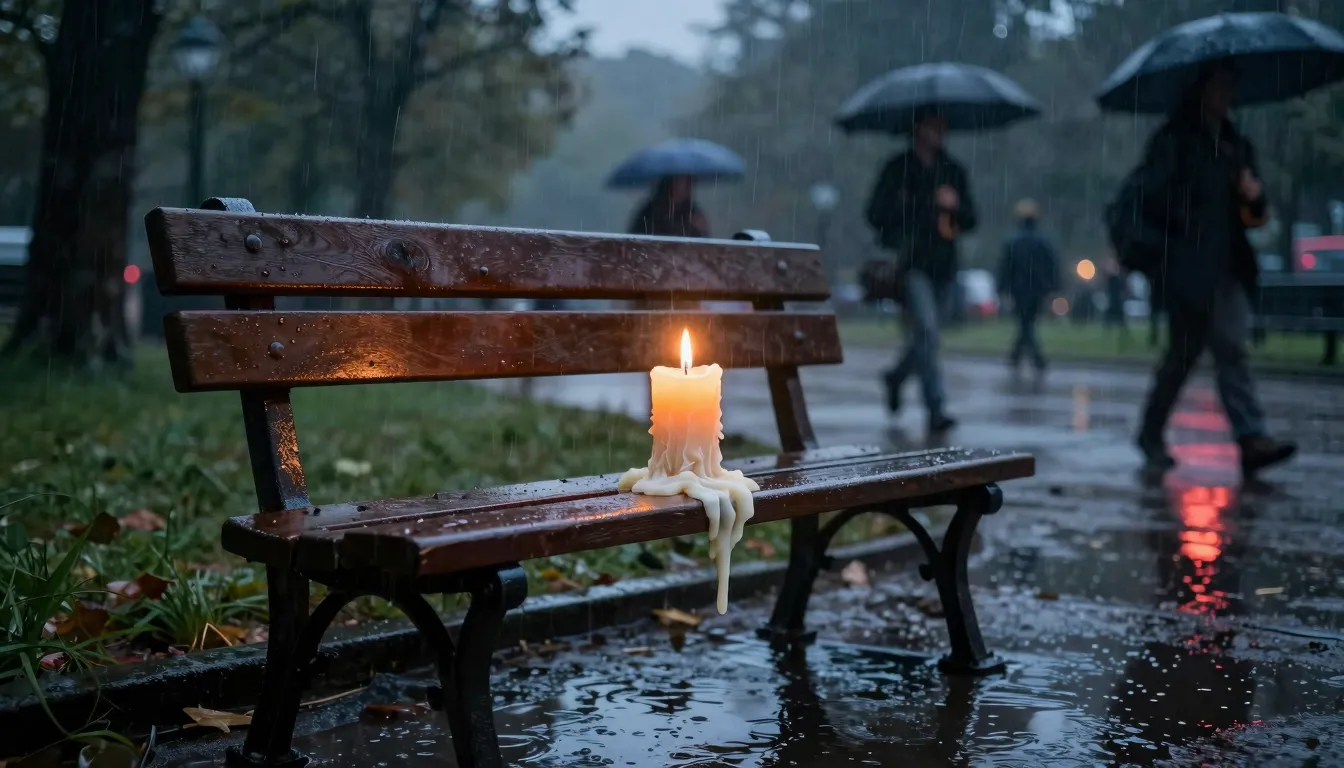 A surreal scene in a rainy park at twilight. On an old, hunc...