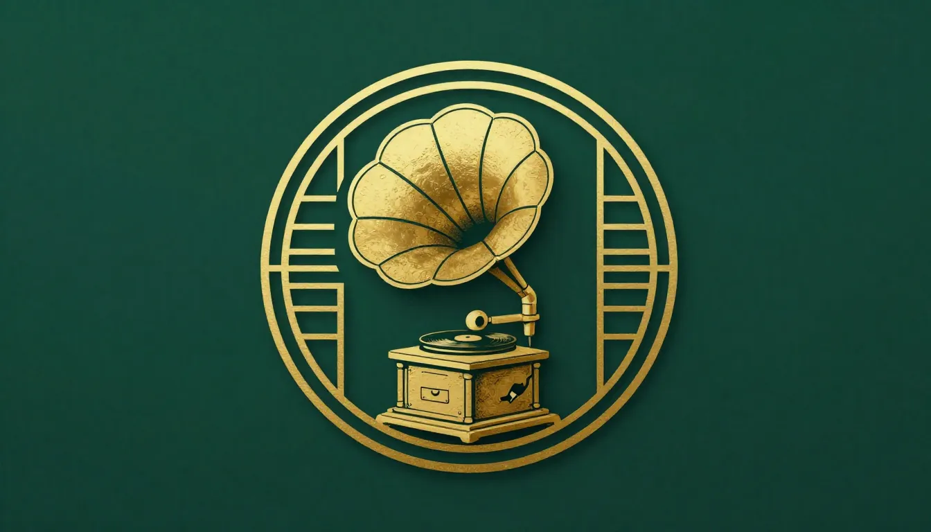 Vintage emblem logo for a music museum, circular shape, feat...