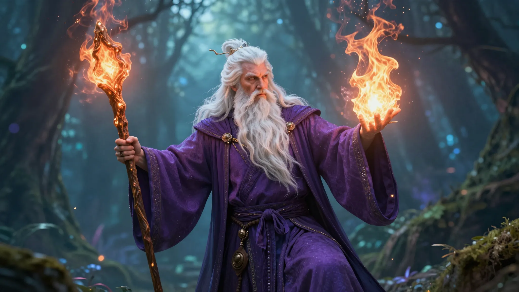 Powerful wizard with a long white beard wearing purple robes...