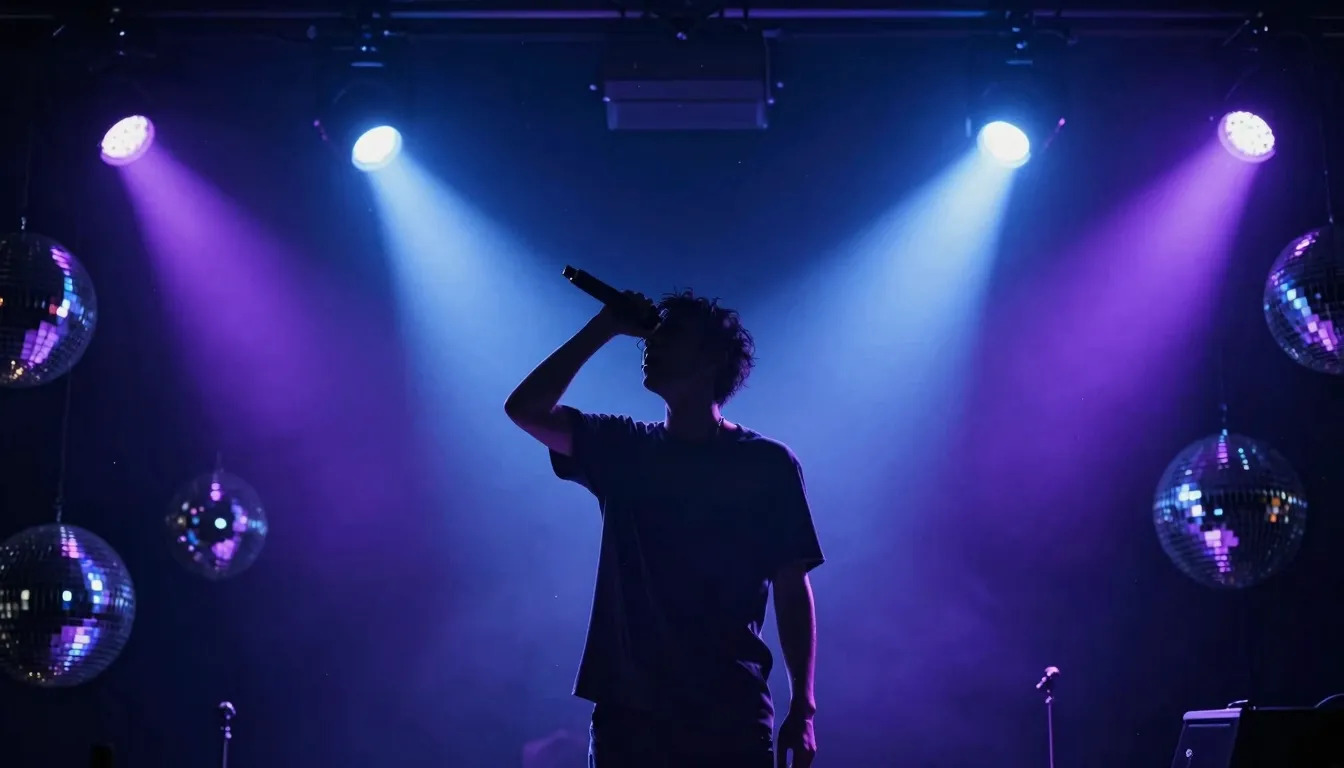 A silhouette of a man performing on stage under bright spotl...