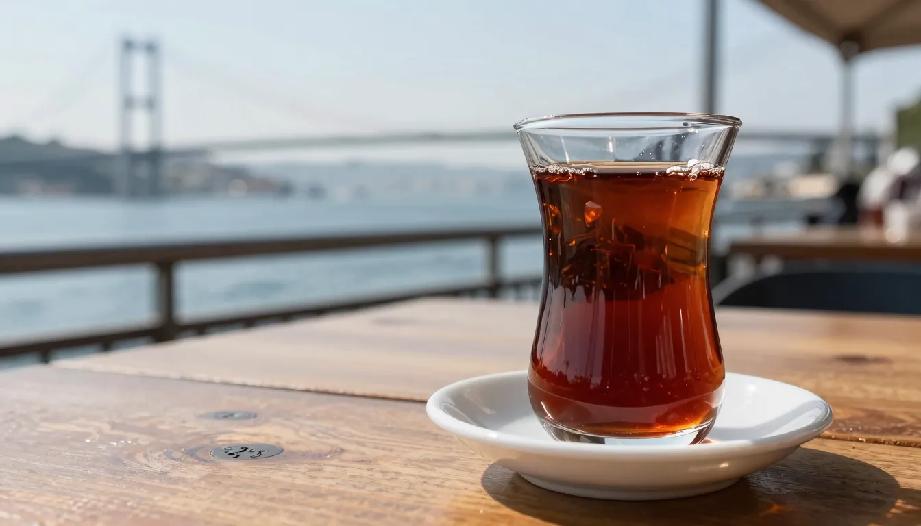 A close-up of a Turkish tea glass on a wooden table with a b...