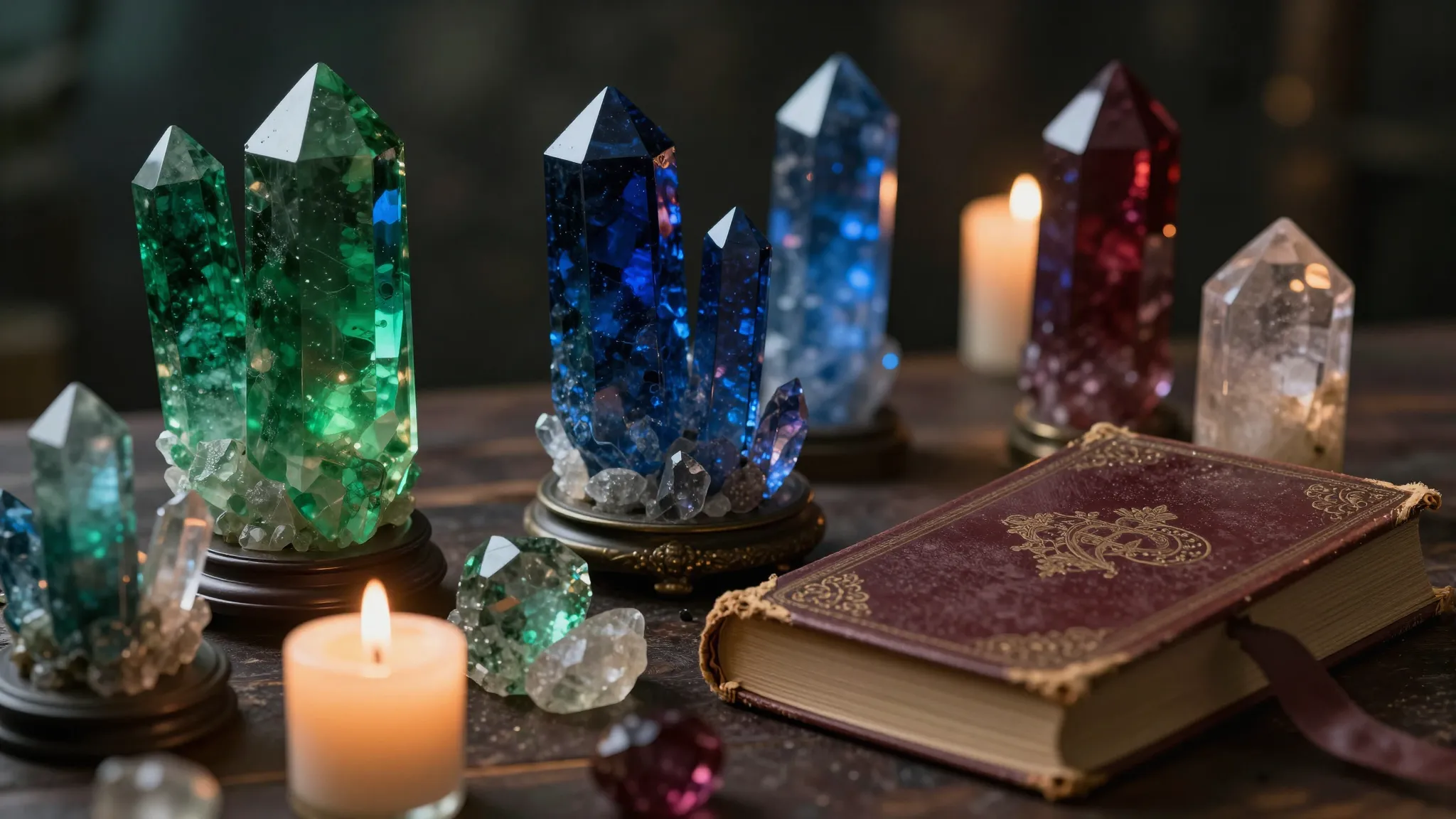A collection of mystical artifacts like crystals, old books,...