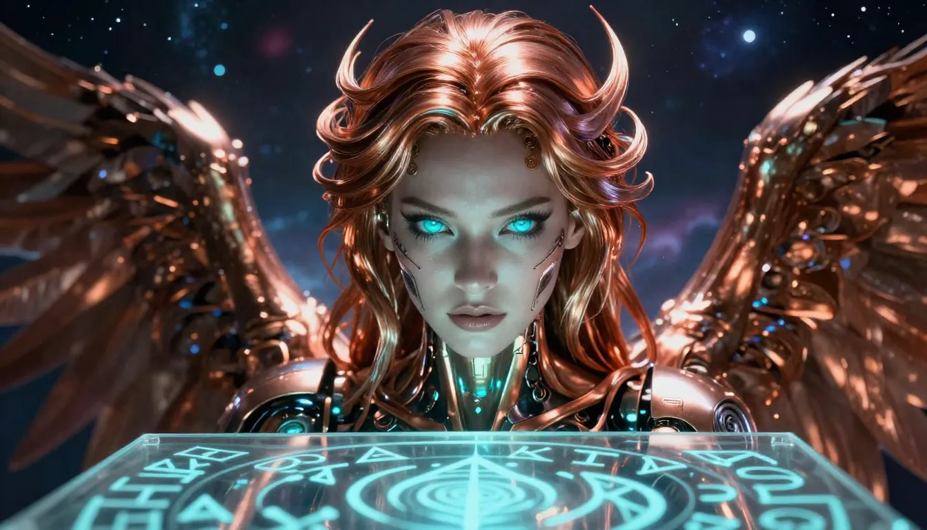 Close-up of a female cyborg angel, copper metallic hair, glo...