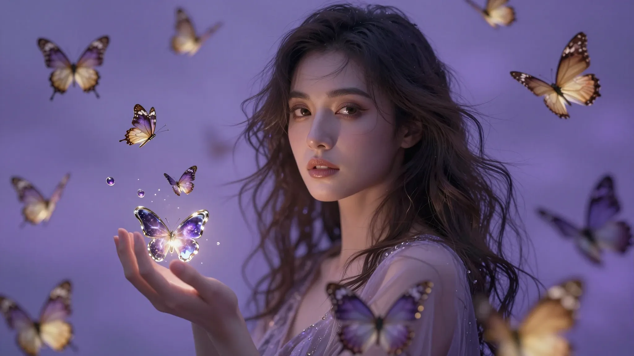 A wide cinematic shot of a woman with a calm gaze looking in...