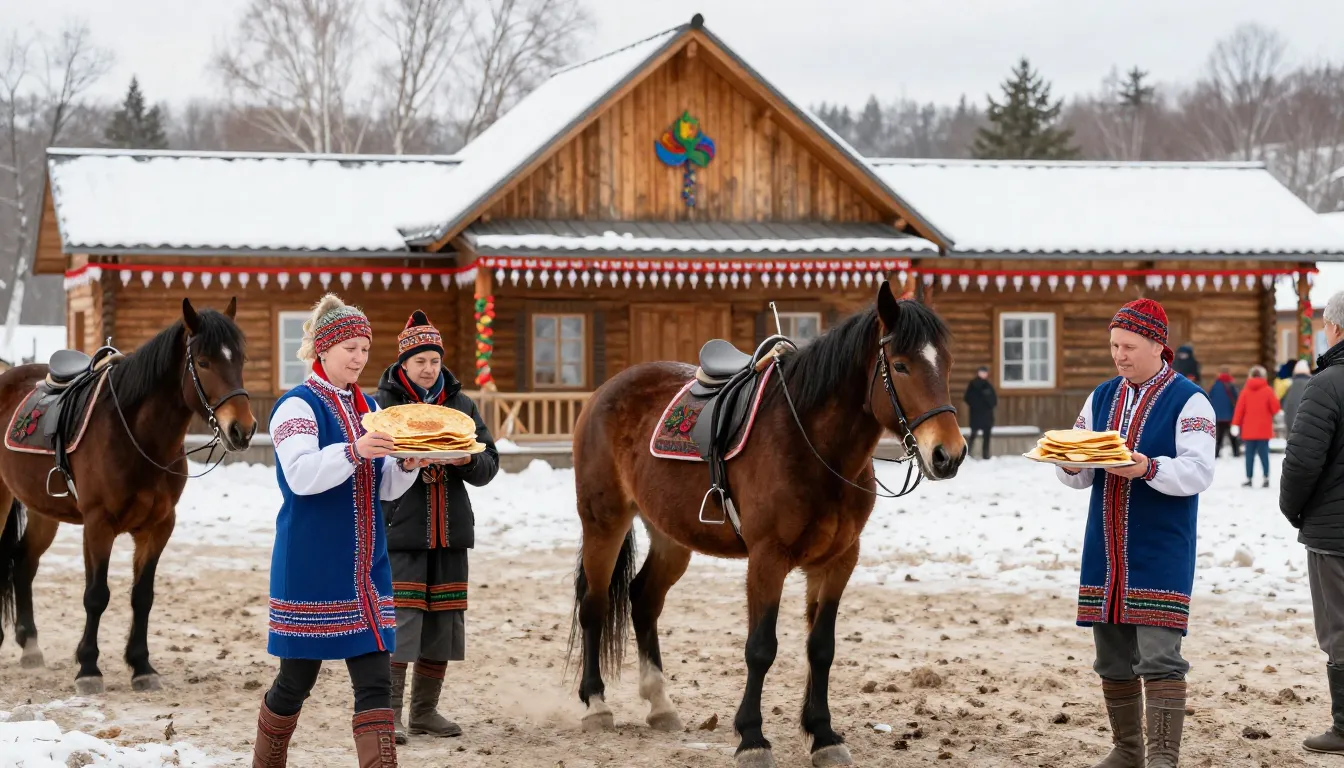 Russian Maslenitsa celebration at an equestrian club, people...