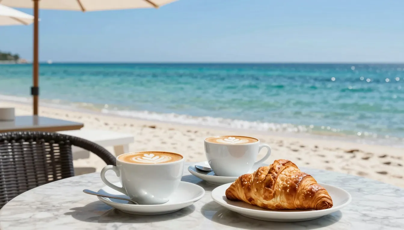 A serene and sunny day at a luxury seaside cafe veranda. In ...