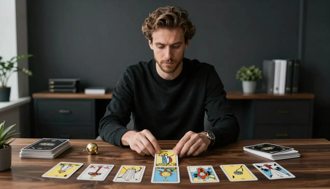 A professional male tarot reader, modern minimalist office s...