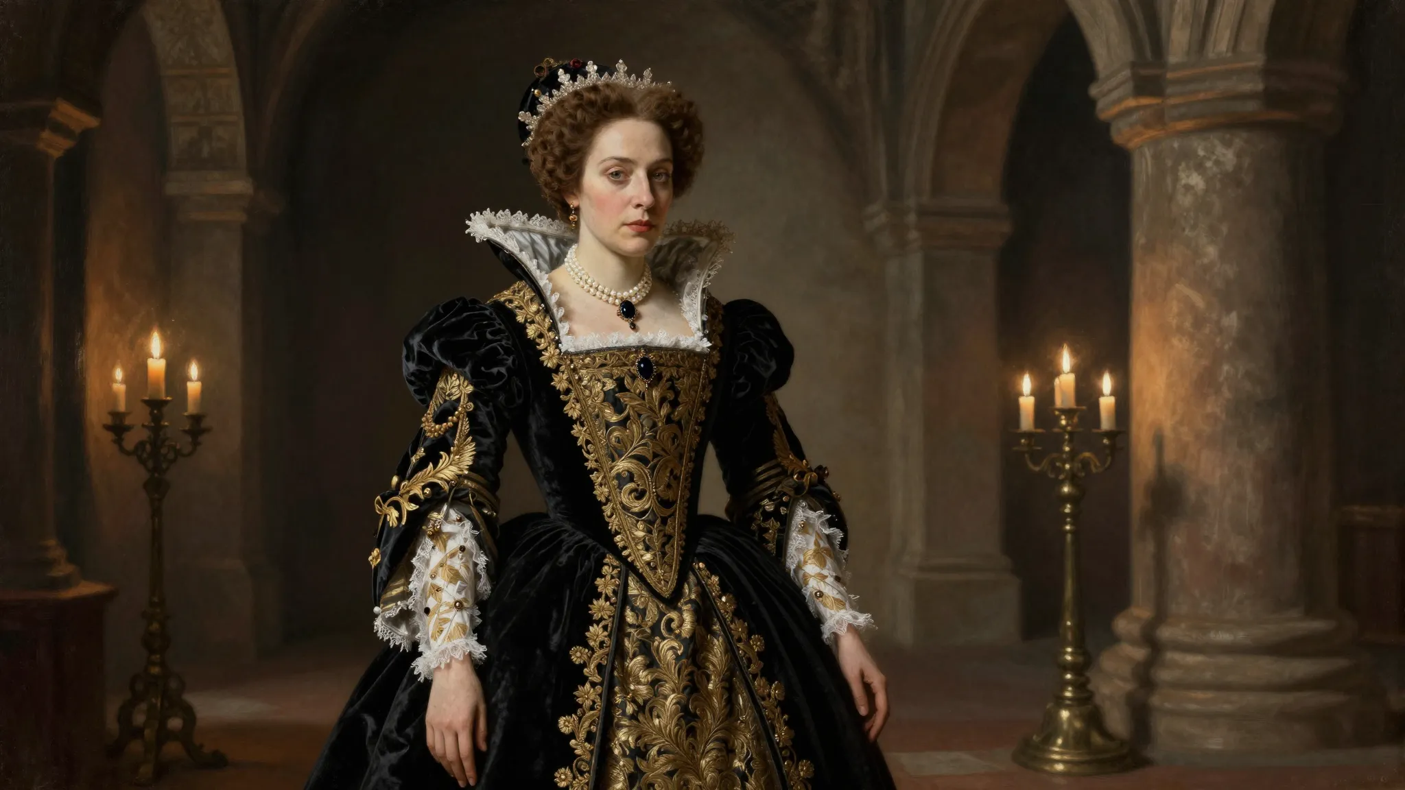 A beautiful 16th century Spanish queen in a dark velvet dres...